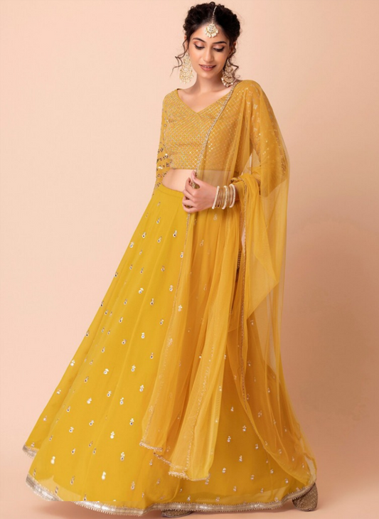 Women Yellow Georgette Gliterring Lehenga