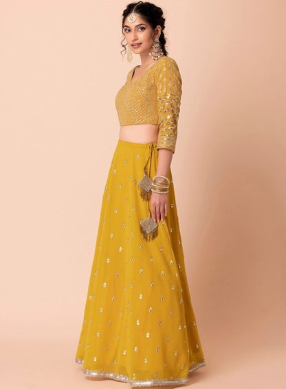Women Yellow Georgette Gliterring Lehenga