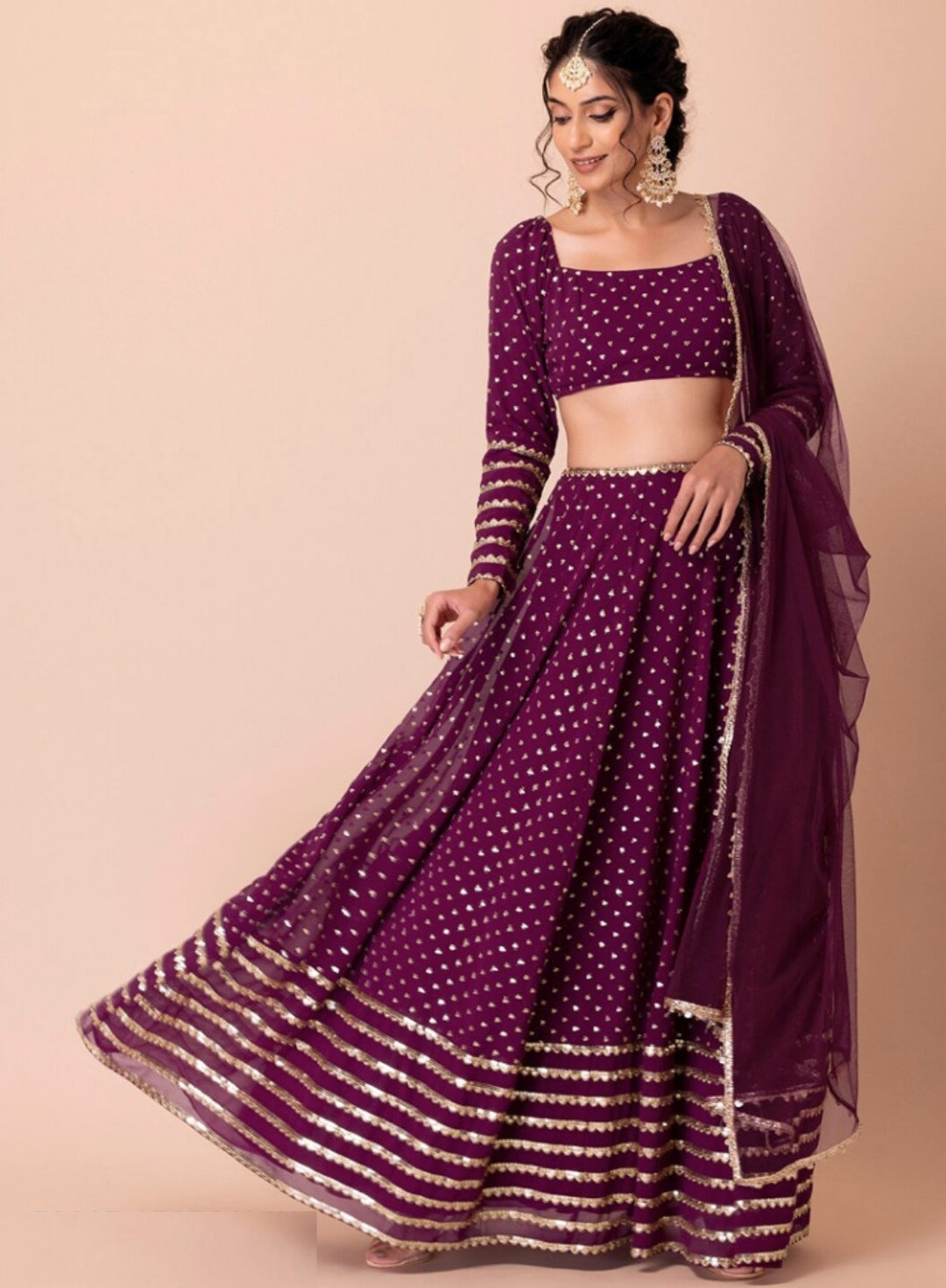 Women Wine Georgette Gliterring Lehenga