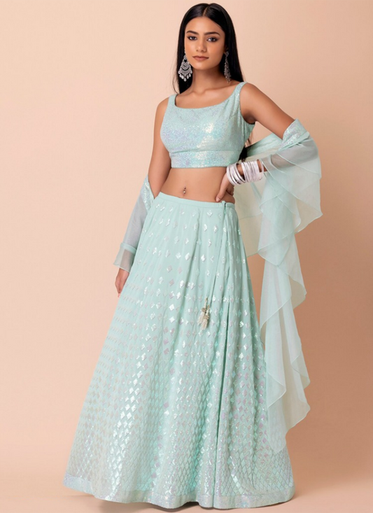 Women Blue Georgette Gliterring Lehenga