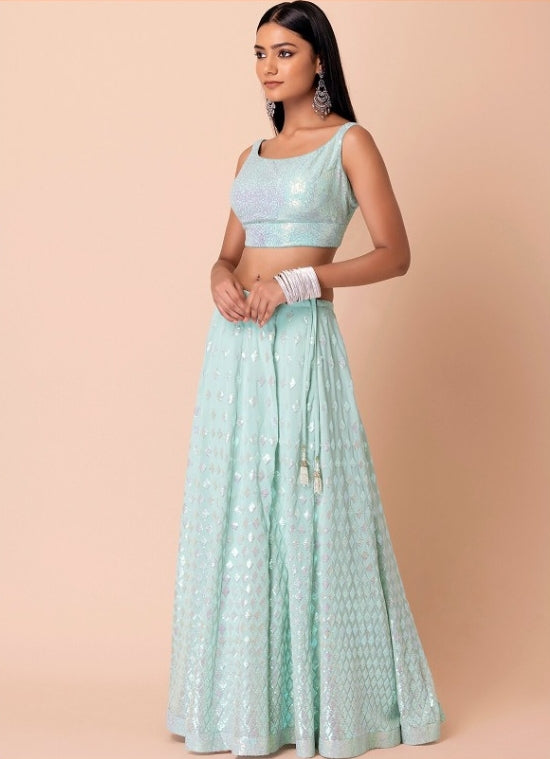 Women Blue Georgette Gliterring Lehenga