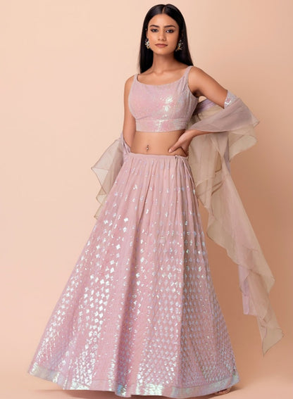 Women Pink Georgette Gliterring Lehenga