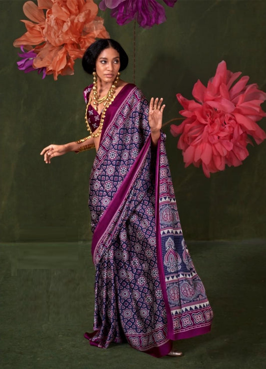 Women Navy Blue And Purple Satin Crape With Ajrakh Print Saree