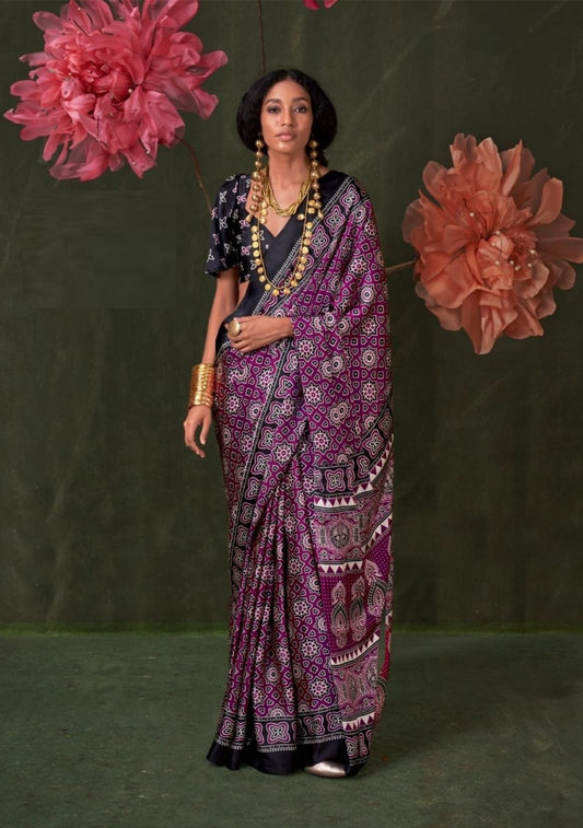 Women Purple And Black Satin Crape With Ajrakh Print Saree