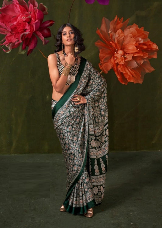 Women Dark Green Satin Crape With Ajrakh Print Saree