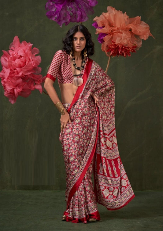 Women Red Satin Crape With Ajrakh Print Saree