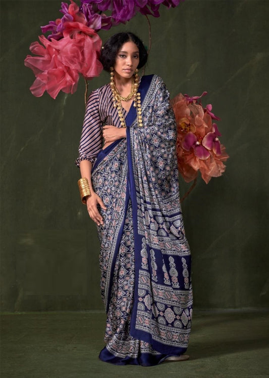 Women Royal Blue Satin Crape With Ajrakh Print Saree