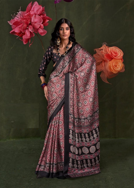 Women Black And Red Satin Crape With Ajrakh Print Saree