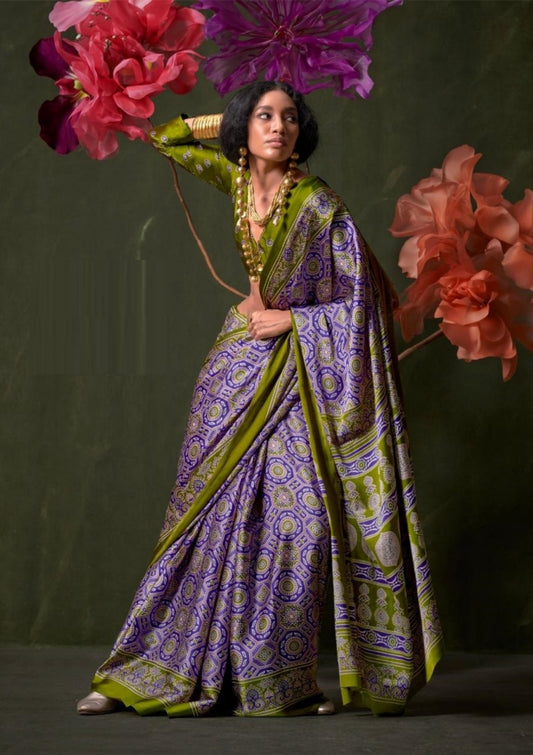 Women Blue And Green Satin Crape With Ajrakh Print Saree