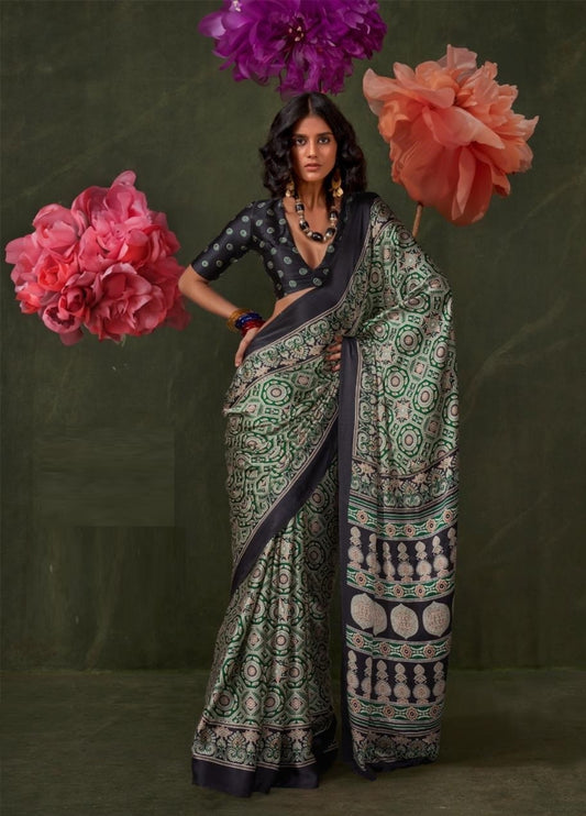 Women Black And Green Satin Crape With Ajrakh Print Saree