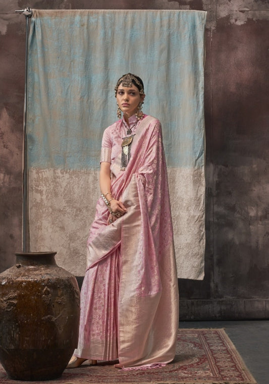 Women Light Pink Satin Handloom Weaving Silk Saree