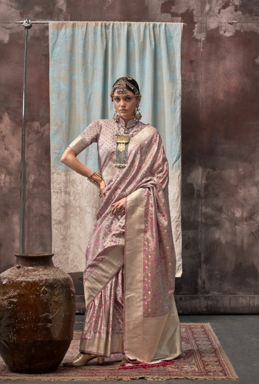 Women Mauve Satin Handloom Weaving Silk Saree