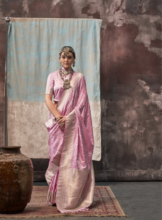 Women Pink Satin Handloom Weaving Silk Saree