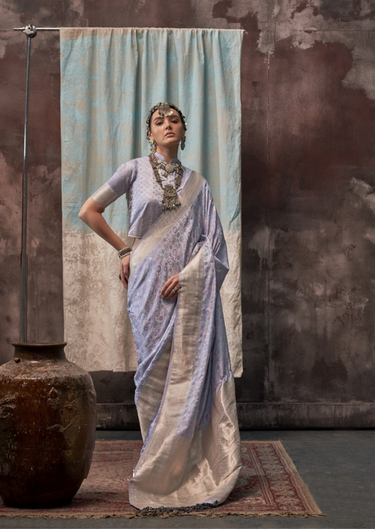 Women Sky Blue Satin Handloom Weaving Silk Saree
