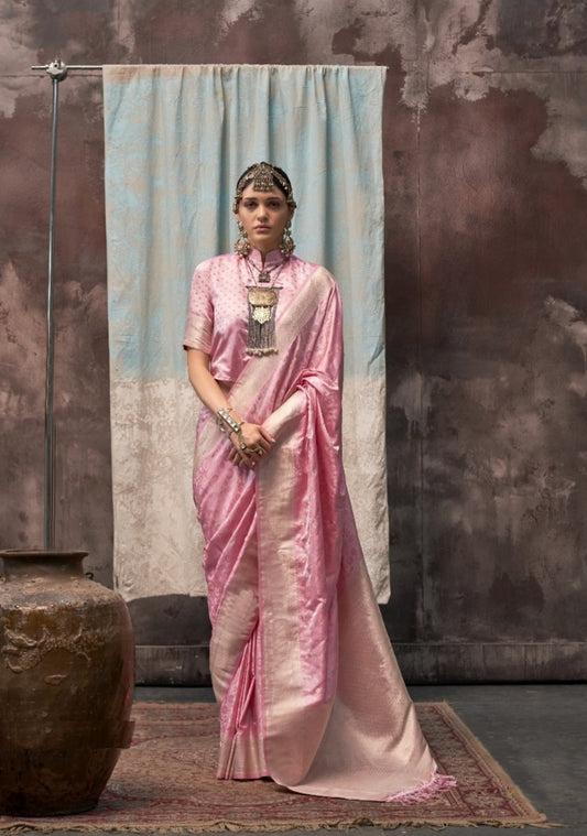 Women Baby Pink Satin Handloom Weaving Silk Saree
