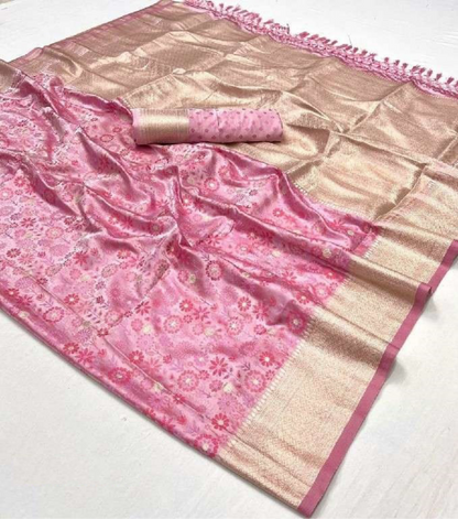 Women Baby Pink Satin Handloom Weaving Silk Saree