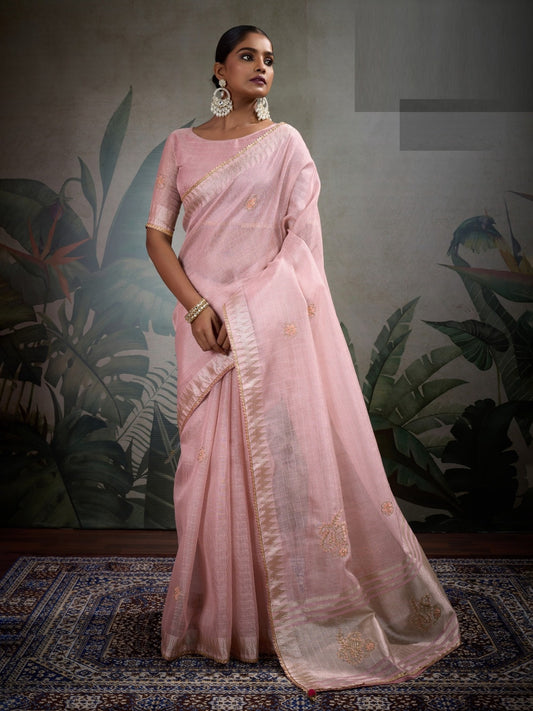 Women Baby Pink Linen Tissue Tissue Saree