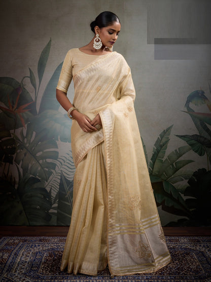 Women Light Beige Linen Tissue Tissue Saree