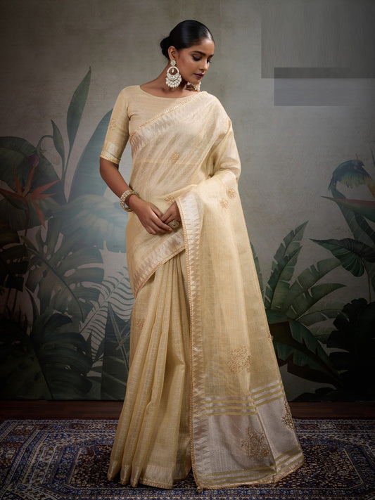 Women Light Beige Linen Tissue Tissue Saree