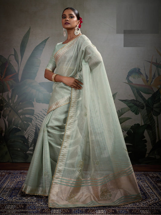 Women Sea Green Linen Tissue Tissue Saree