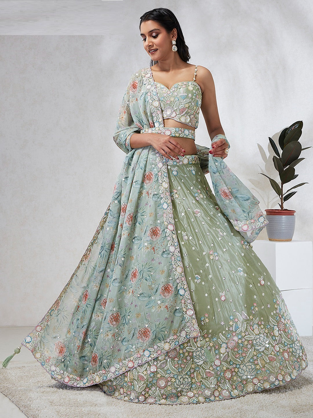 Sleek Lime Green Silk Chiffon Bridal Lehenga