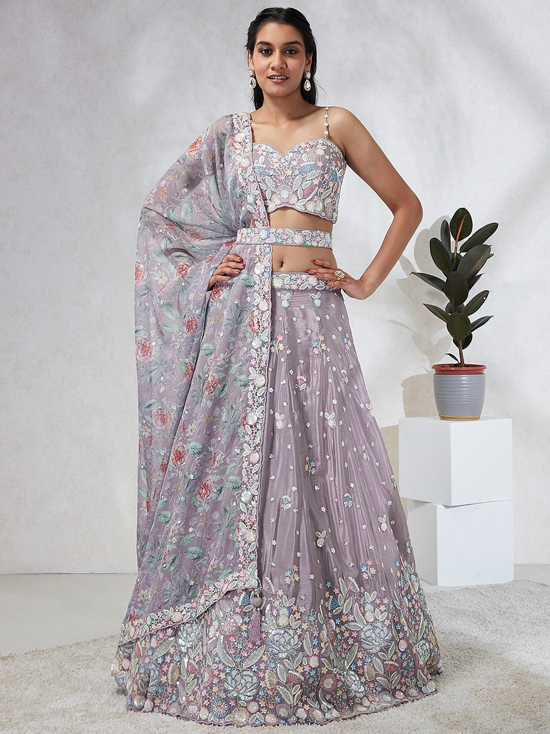 Exquisite Mauve Silk Chiffon Bridal Lehenga