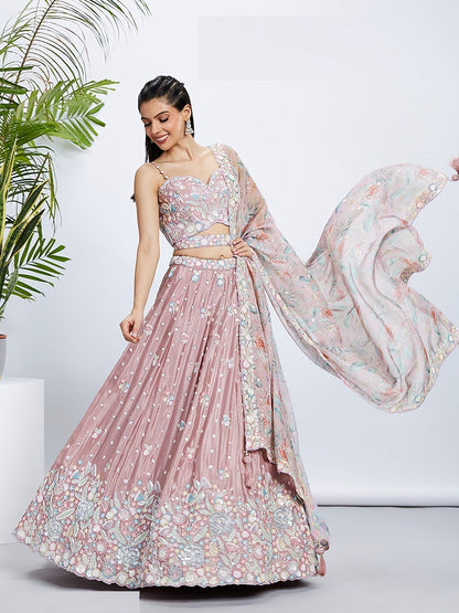 Vibrant Rose Gold Silk Chiffon Bridal Lehenga