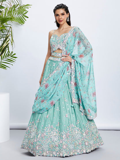 Contemporary Sea Green Silk Chiffon Bridal Lehenga
