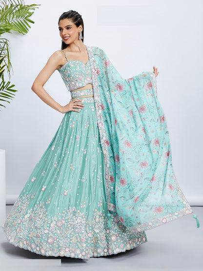 Contemporary Sea Green Silk Chiffon Bridal Lehenga
