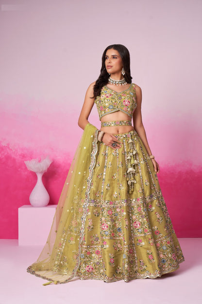 Glamorous Mustard Net With Embroidery Work Bridal Lehenga