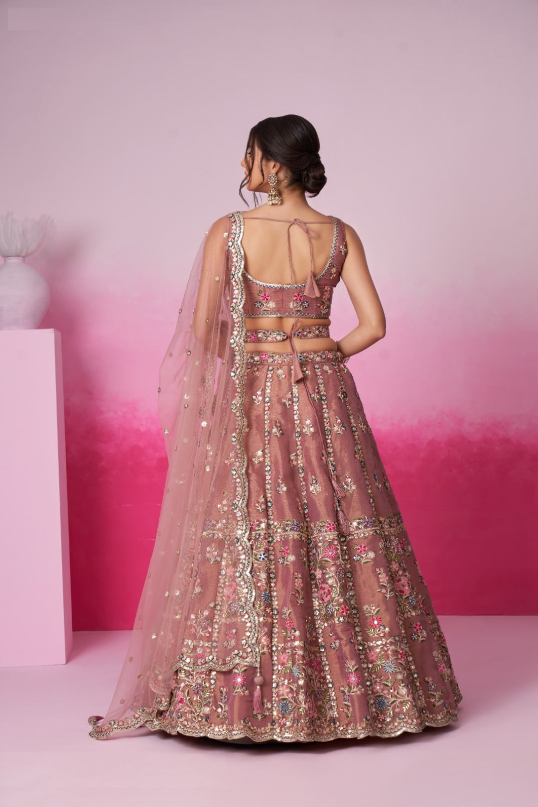 Classy Rose Gold Net With Embroidery Work Bridal Lehenga
