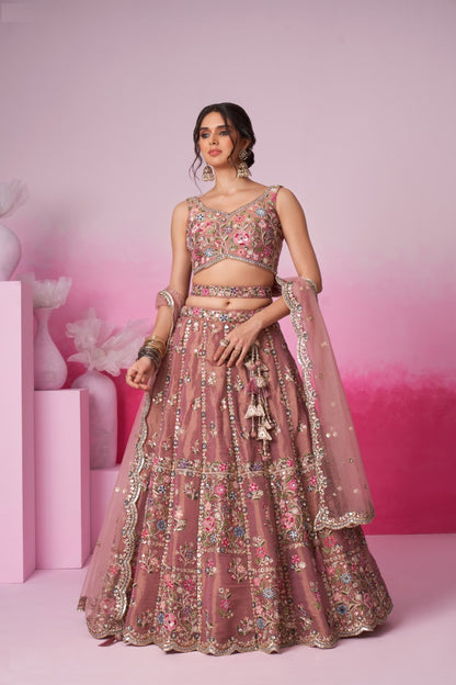 Classy Rose Gold Net With Embroidery Work Bridal Lehenga