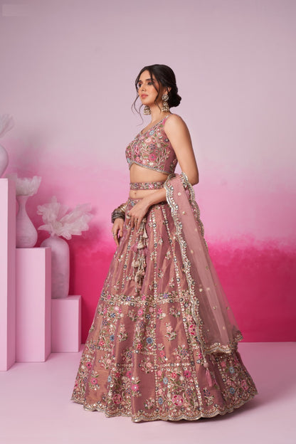 Classy Rose Gold Net With Embroidery Work Bridal Lehenga