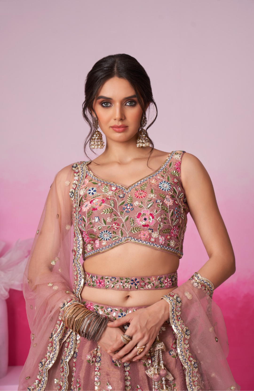 Classy Rose Gold Net With Embroidery Work Bridal Lehenga