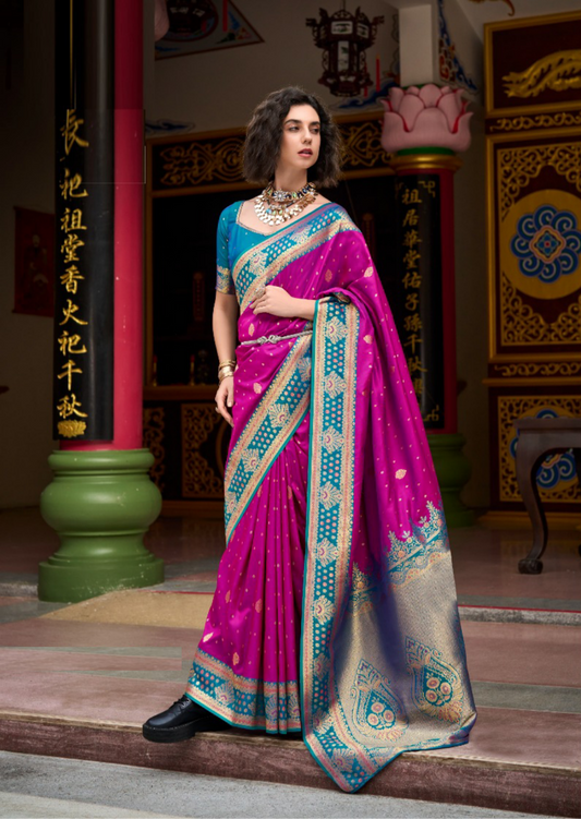 Women Pink And Teal Banarasi Silk Saree