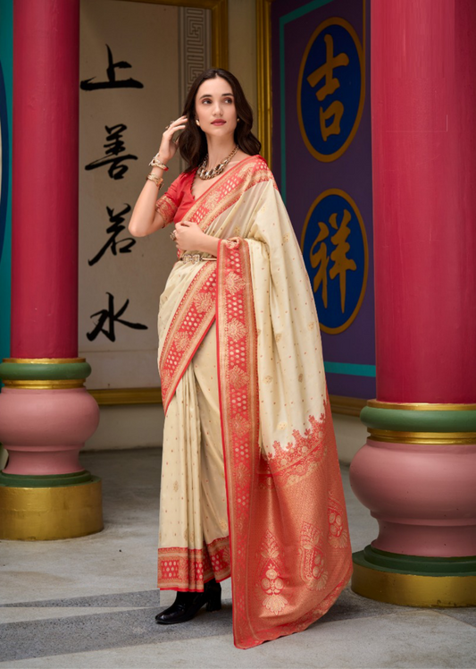 Women Off White And Red Banarasi Silk Saree