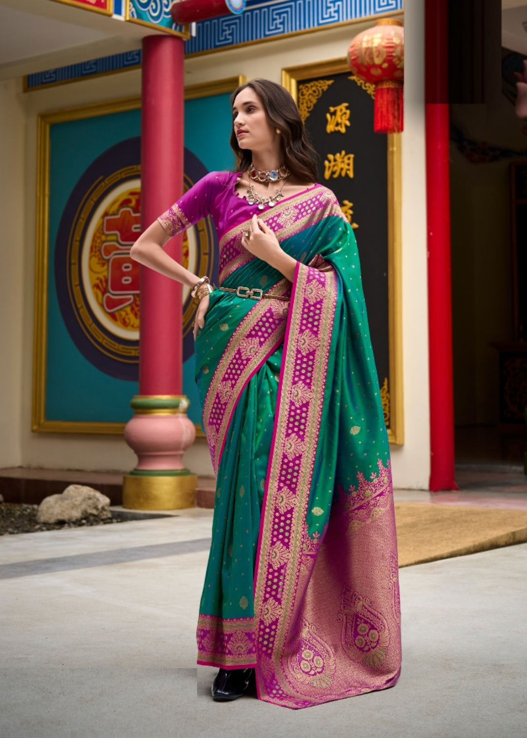 Women Green And Purple Banarasi Silk Saree