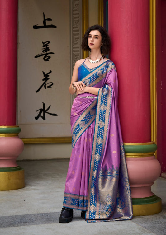 Women Lilac And Teal Banarasi Silk Saree