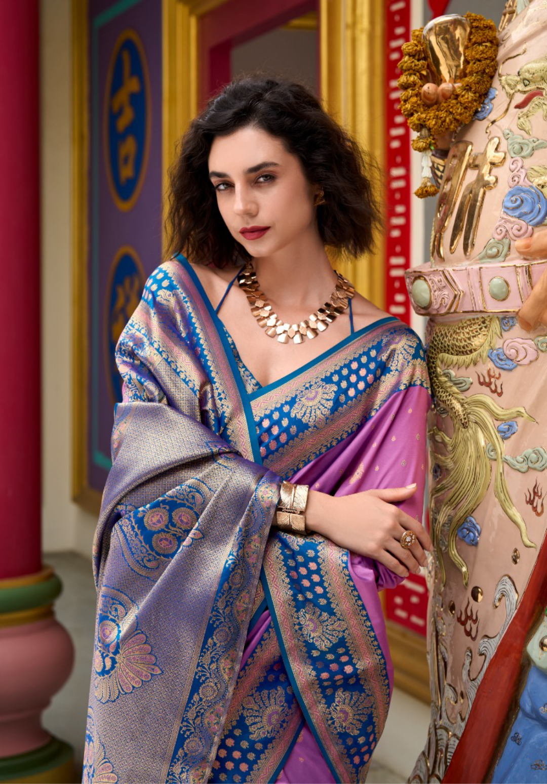 Women Lilac And Teal Banarasi Silk Saree