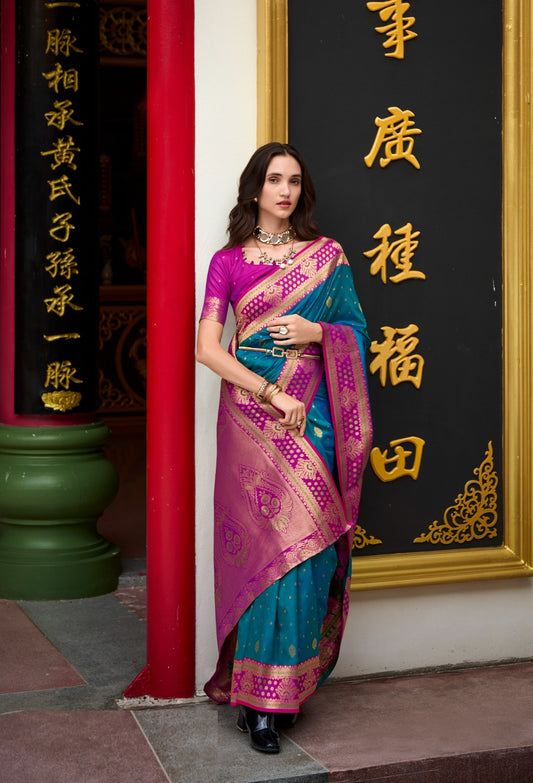 Women Teal And Pink Banarasi Silk Saree