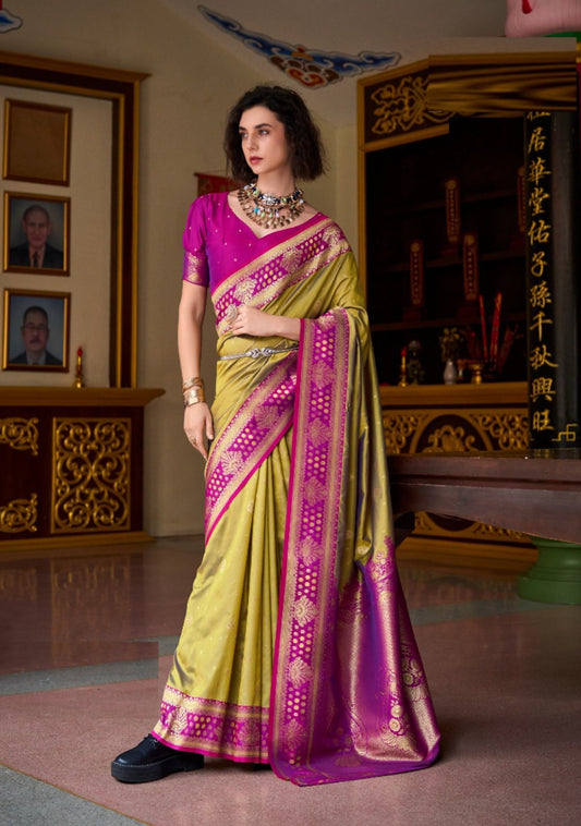 Women Mehendi Green And Pink Banarasi Silk Saree