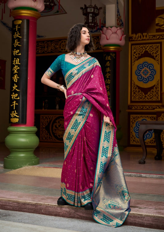 Women Magenta And Teal Banarasi Silk Saree