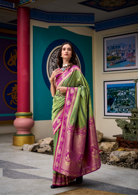 Women Green And Burgundy Banarasi Silk Saree