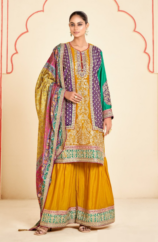 Dazzling Multi Mustard Chinon Sharara Bottom Suit Set