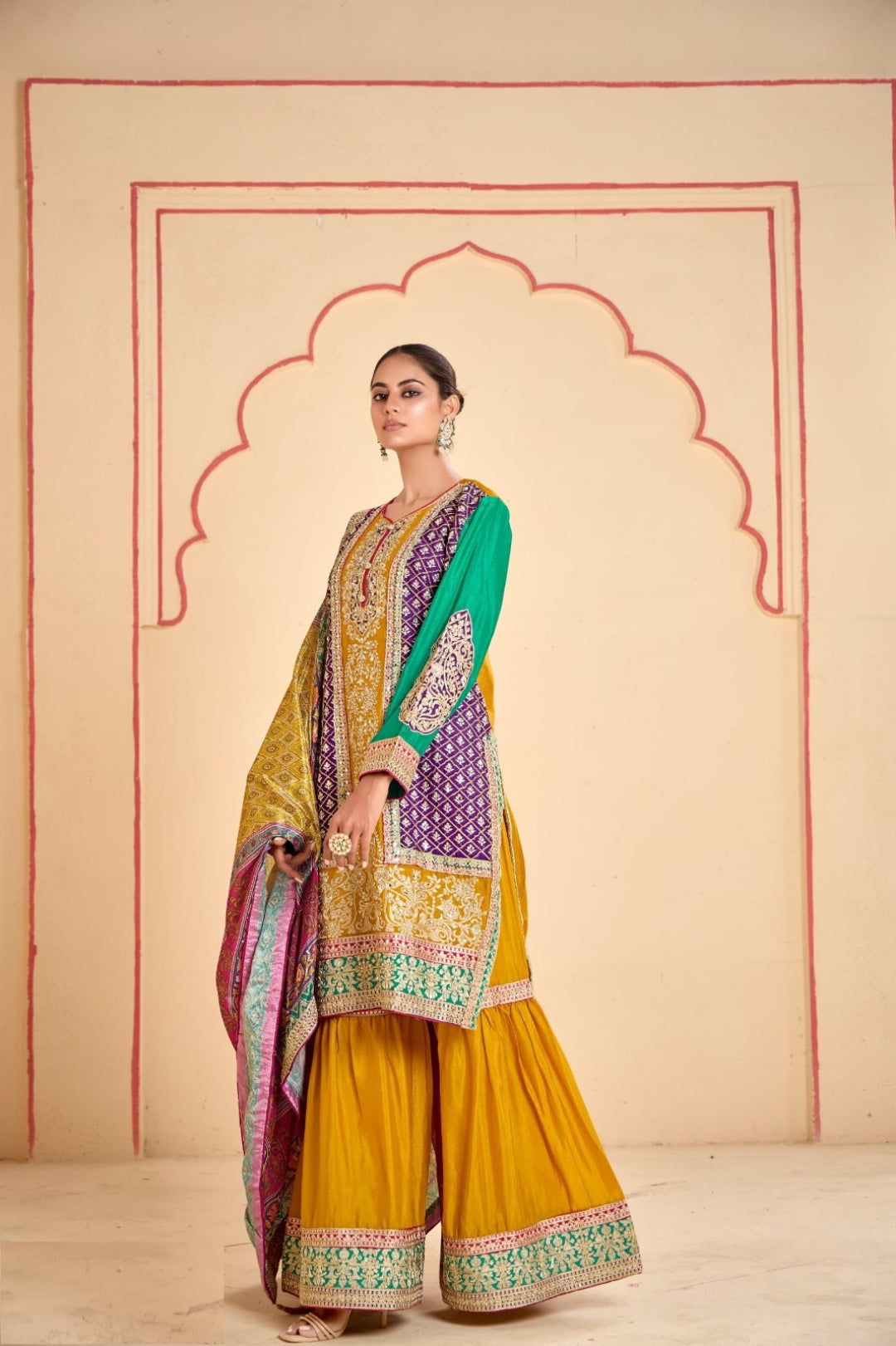 Dazzling Multi Mustard Chinon Sharara Bottom Suit Set