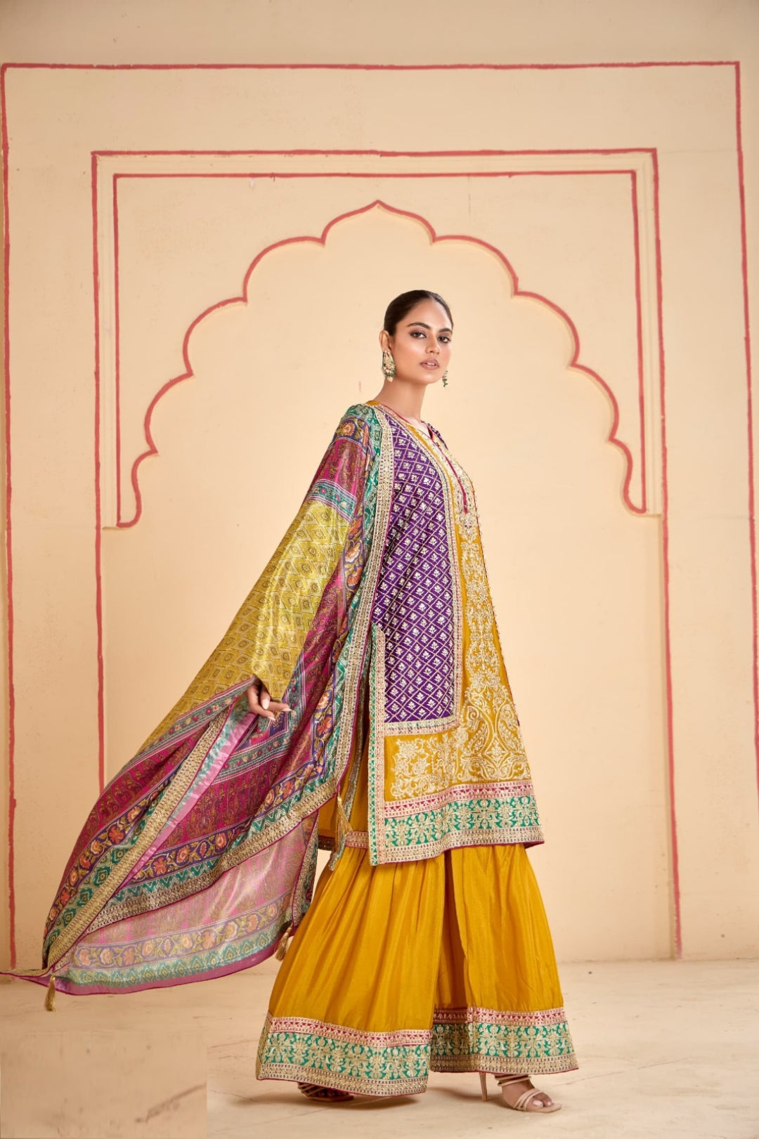 Dazzling Multi Mustard Chinon Sharara Bottom Suit Set