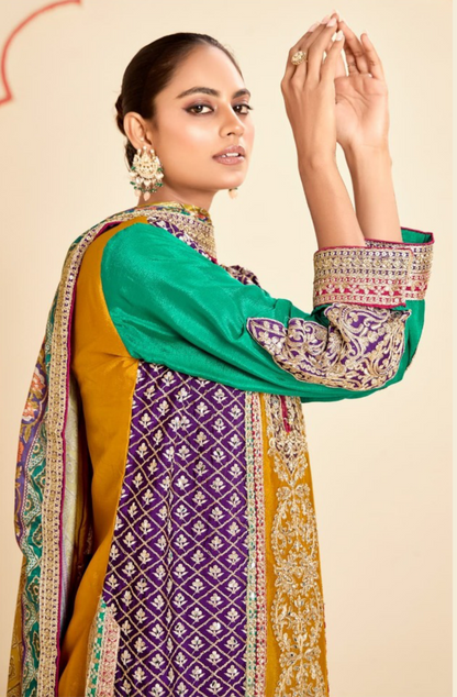 Dazzling Multi Mustard Chinon Sharara Bottom Suit Set