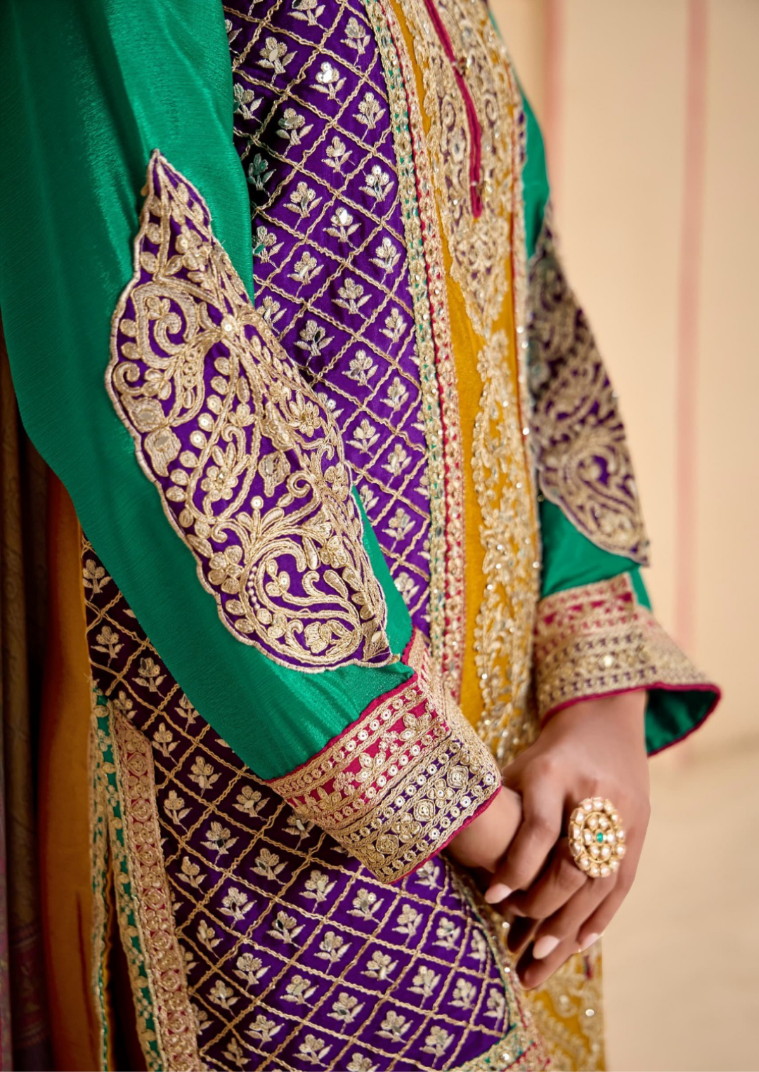 Dazzling Multi Mustard Chinon Sharara Bottom Suit Set