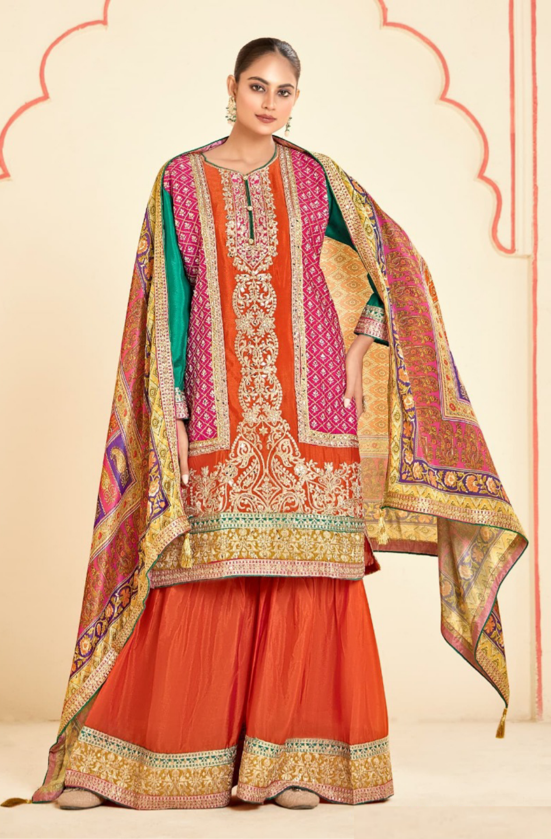 Flawless Multi Orange Chinon Sharara Bottom Suit Set