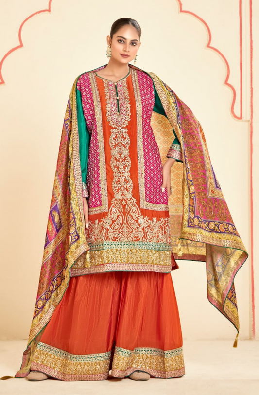 Flawless Multi Orange Chinon Sharara Bottom Suit Set
